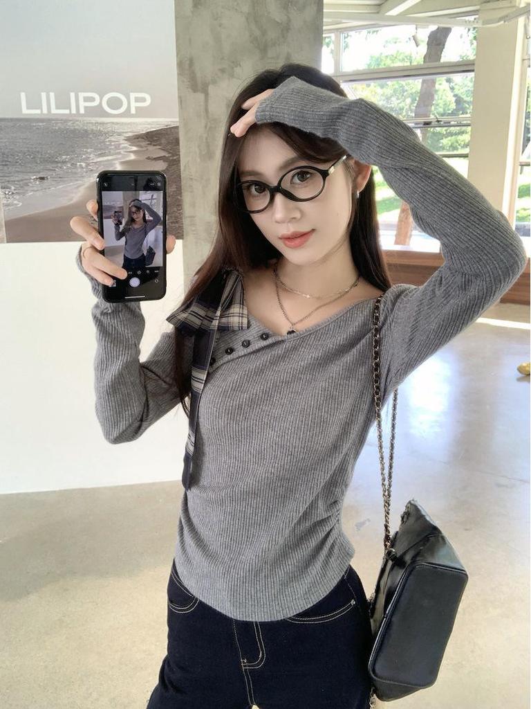 Chic Korean Grey One-Shoulder Bow T-shirt for Women - Sweet and Spicy Spring/Autumn Style