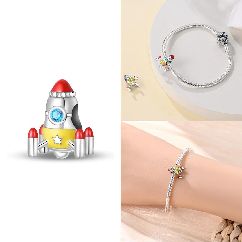 Exquisite Charms Copper Original Star Blue Glowing Heart Rocket Astronaut Beads Fit Bracelet Women Jewelry Diy Necklace Gift