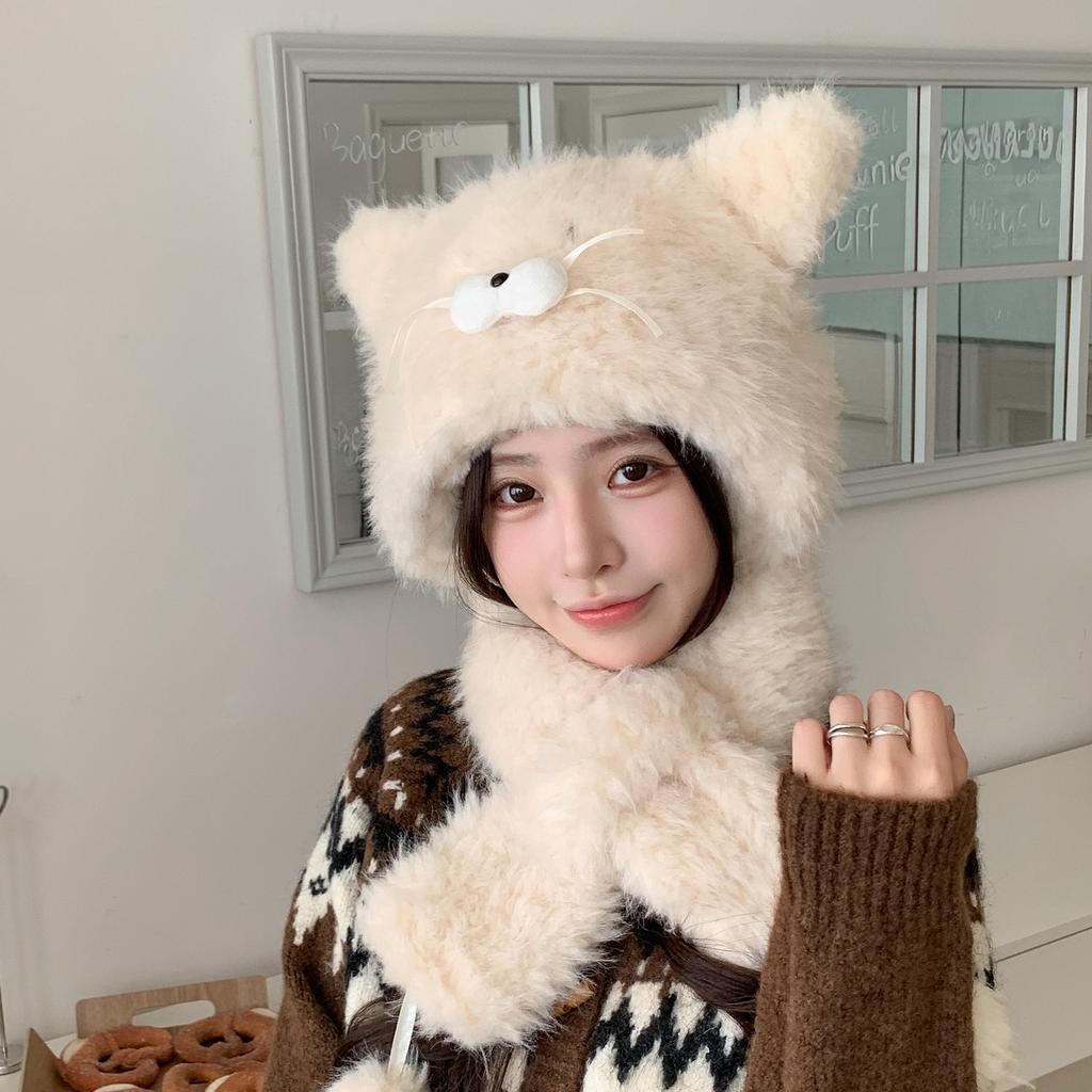 2-in-1 Bear Ears Plush Hat with Scarf Women Winter Warm Hooded Beanie Face Slimming Sweet Trapper Cap