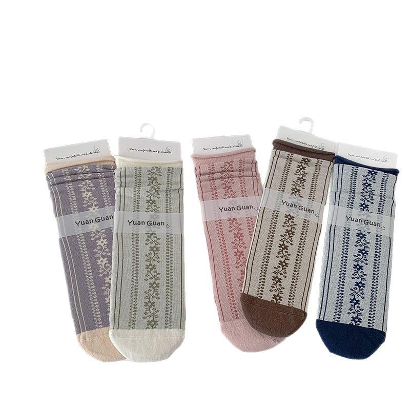 Boneless Retro Flower Design Stacking Socks Girl Korean Versatile Small Leather Shoes Floral Striped Medium Tube Socks Tide