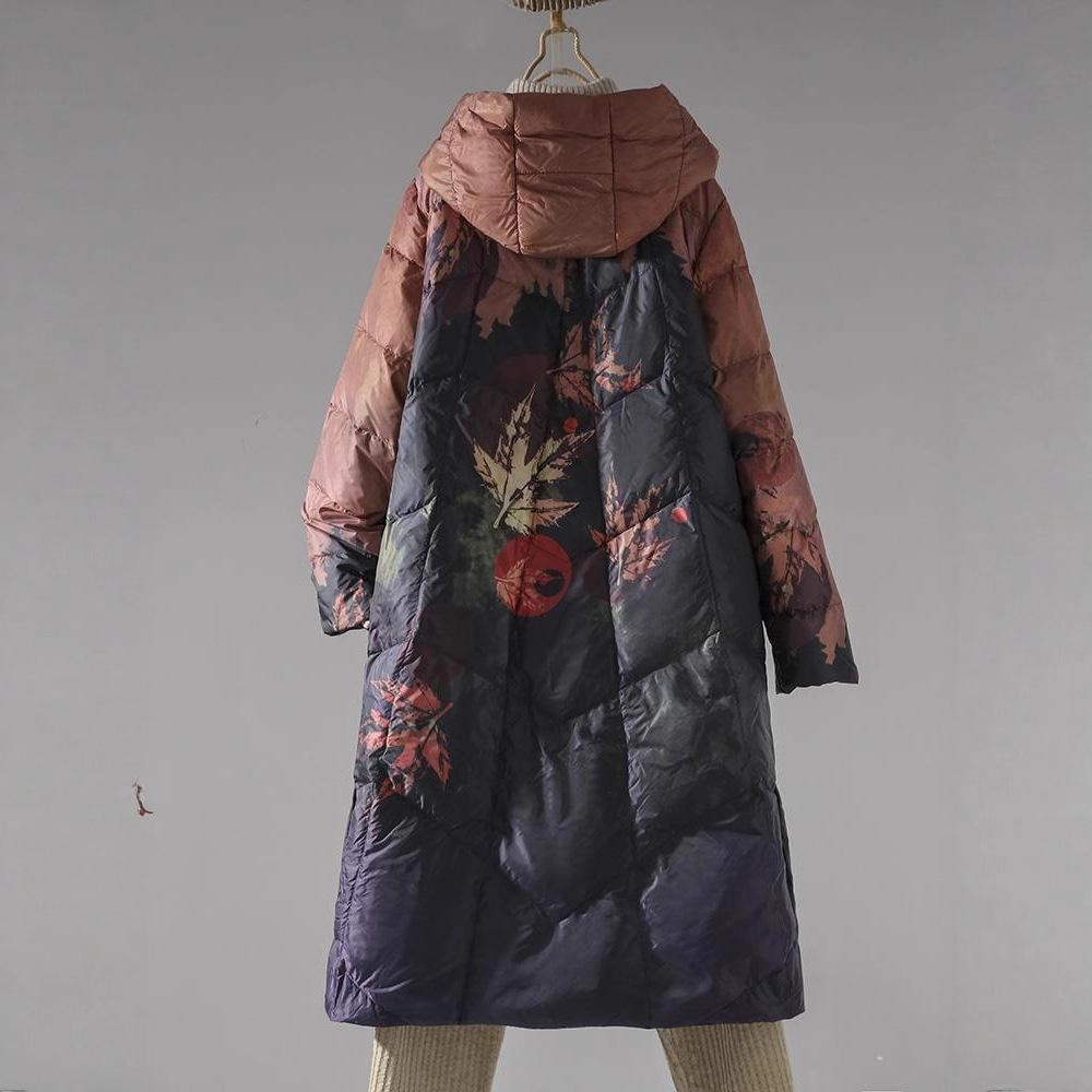 Überknie Kapuze Druck Retro Ethno Stil Mittel und Lang Schnalle Weiße Entendaunenjacke Damen Winter Verdickt Mantel