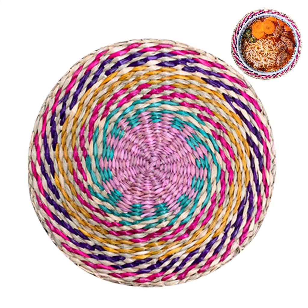 Seagrass Placemat 20cm  Bohemian Jute Printed Placemats with Faux Leather Edges Heat Insulation Table Mats Kitchen Tableware
