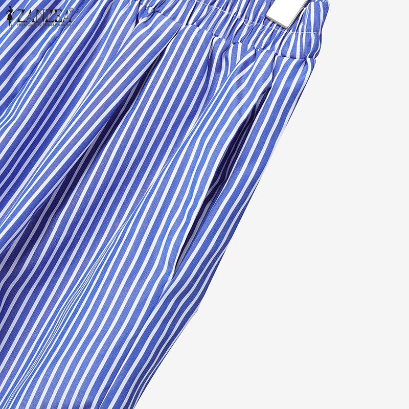 ZANZEA Women Sleeveless Vest Tops and Pants Casual Stripe Print Two Piece Suit Sets