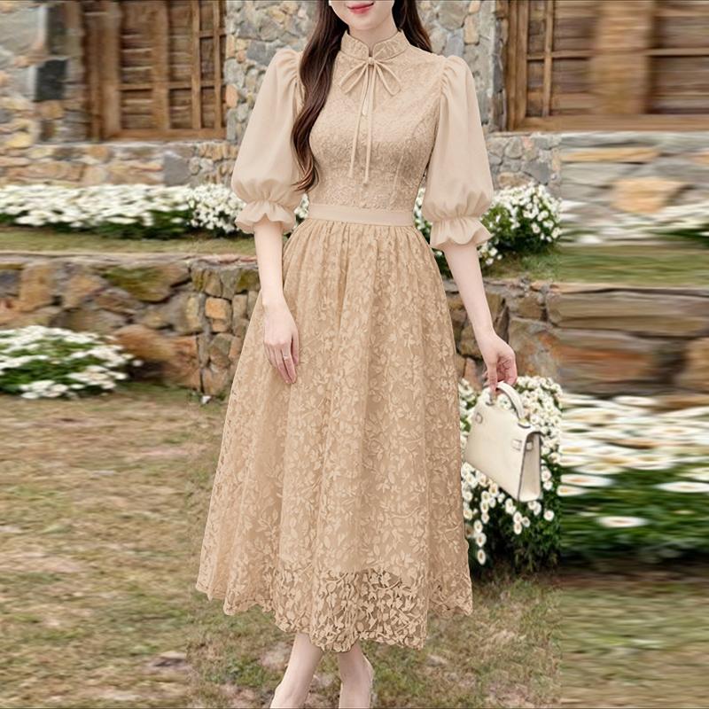 ZANZEA Damen Lässiges Stehkragen 3/4 Ärmel Lockeres Patchwork Spitzenkleid