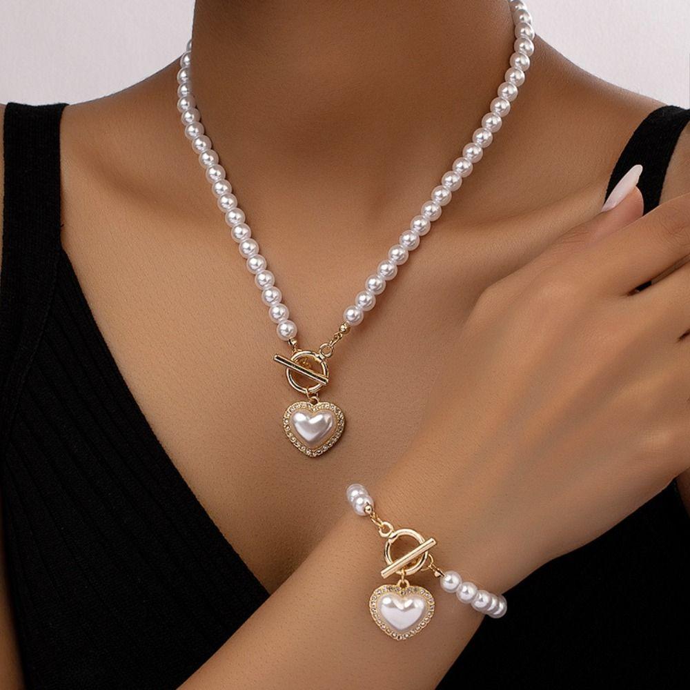 Exquisite Heart Pendant Jewelry Set Crystal Pearl Necklace Set Necklace Bracelet Set  Banquet