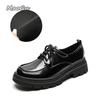 Autumn Winter Plush Thick Sole Loafers Black Lace Up Retro British Style Leather Mid Heel Pumps Shoes for Women Zapatos De Mujer