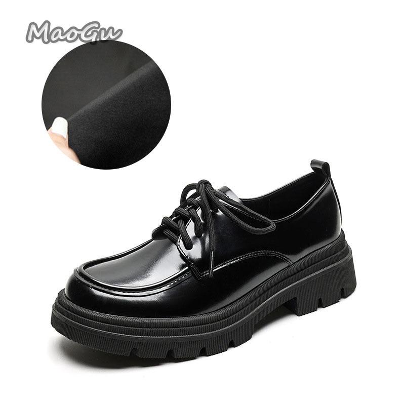 Autumn Winter Plush Thick Sole Loafers Black Lace Up Retro British Style Leather Mid Heel Pumps Shoes for Women Zapatos De Mujer