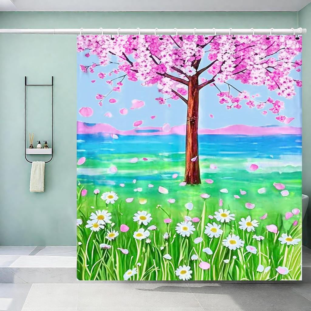Pink Cherry Blossom Shower Curtains For Bathroom, Watercolor Floral Shower Curtain Sets Waterproof Plant Shower Curtain Curtains
