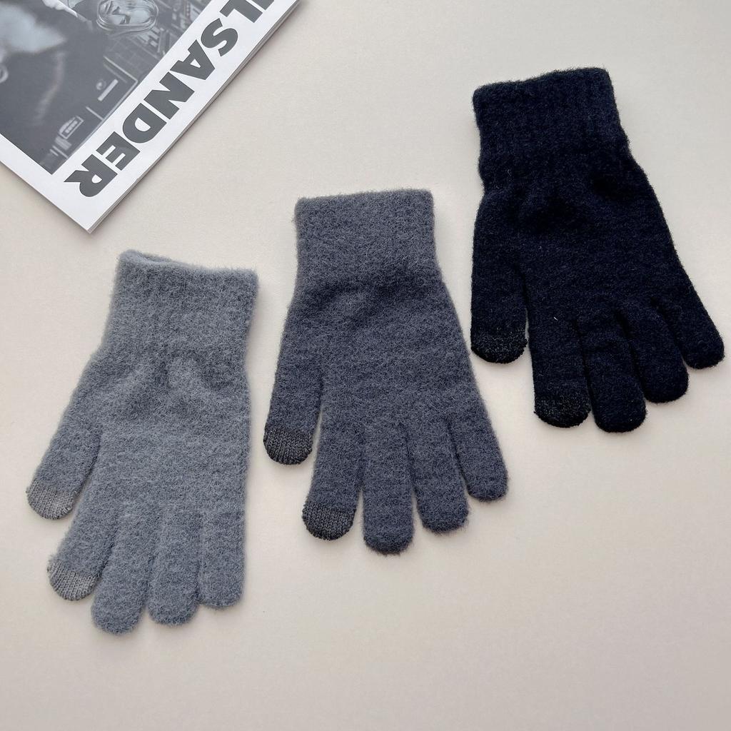 Autumn and Winter Men's Solid Color Knitted Gloves Winter Cycling Warm Men and Women Five Finger Touch Screen Knitted Gloves