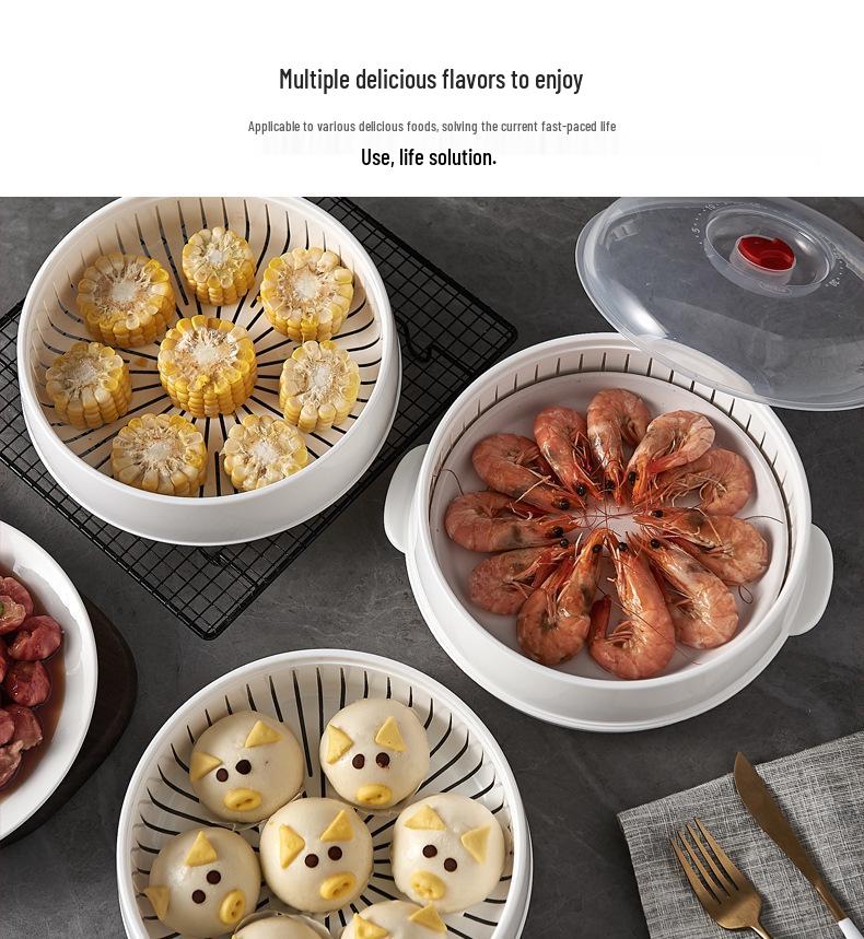 Dual-Layer Microwave Steamer: Food-Grade Water-Add Container with Thickened Tray & Grid