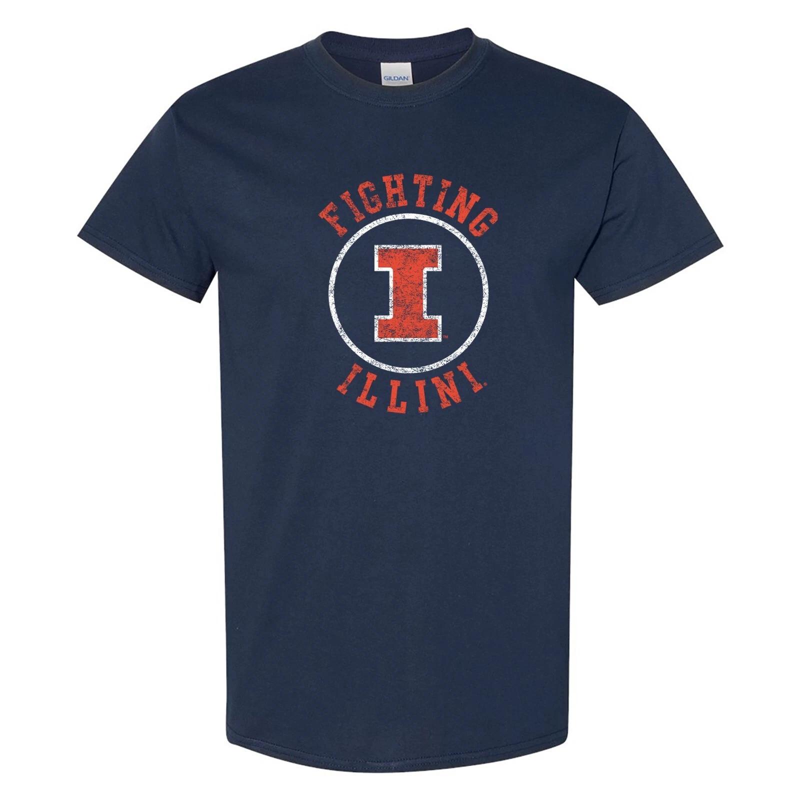 Illinois Fighting Illini Distressed Circle Cotton T Shirt - Navy S