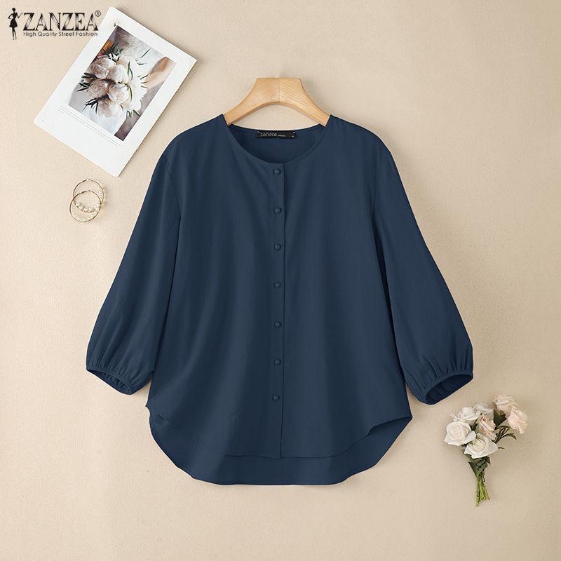 ZANZEA Damen Freizeit Rundhals Einfarbig 3/4 Ärmel Bluse
