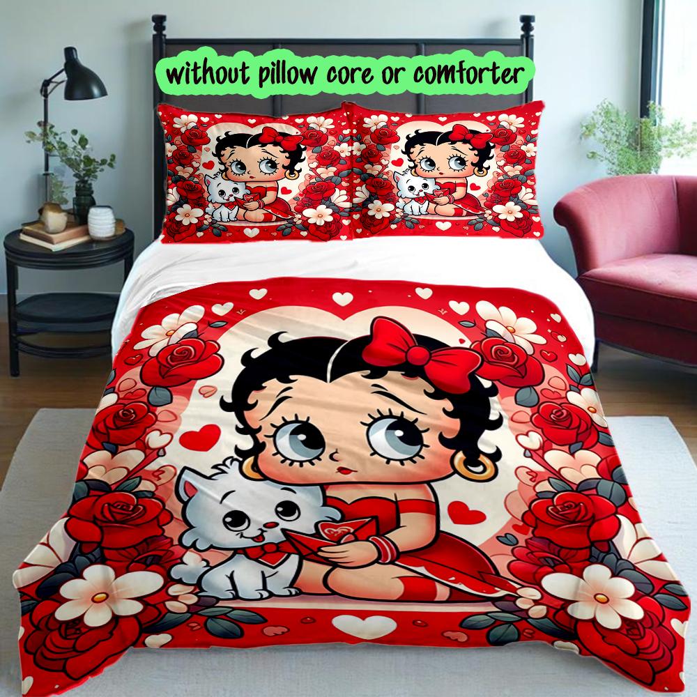 [3pcs Romantic Bedding Set] Betty Boop Print Duvet Cover, Soft Breathable Bedding Set For Bedroom Guest Room School Dorm Decor