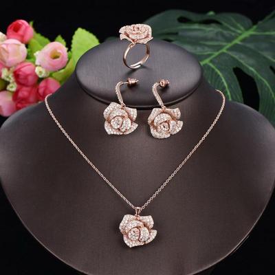 WWJ 3PS Geometric Rose Golden Color Adjustable Ring Cubic Zirconia Flower Necklace 3 Piece Sets