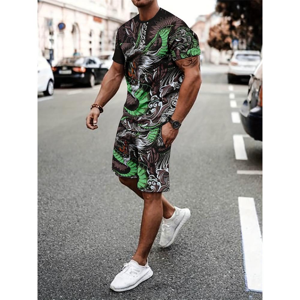 New Stitching Printed Men's Suit Summer Round Neck Short Sleeve Top And Casual Shorts Fashion Street Style Two-Piece Set