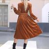Autumn Winter Fashion V-neck Long Sleeved Dress New Solid Color Outer Wear Women Elegant Commuter Pleated High-waisted A-line Female Office Clothing
