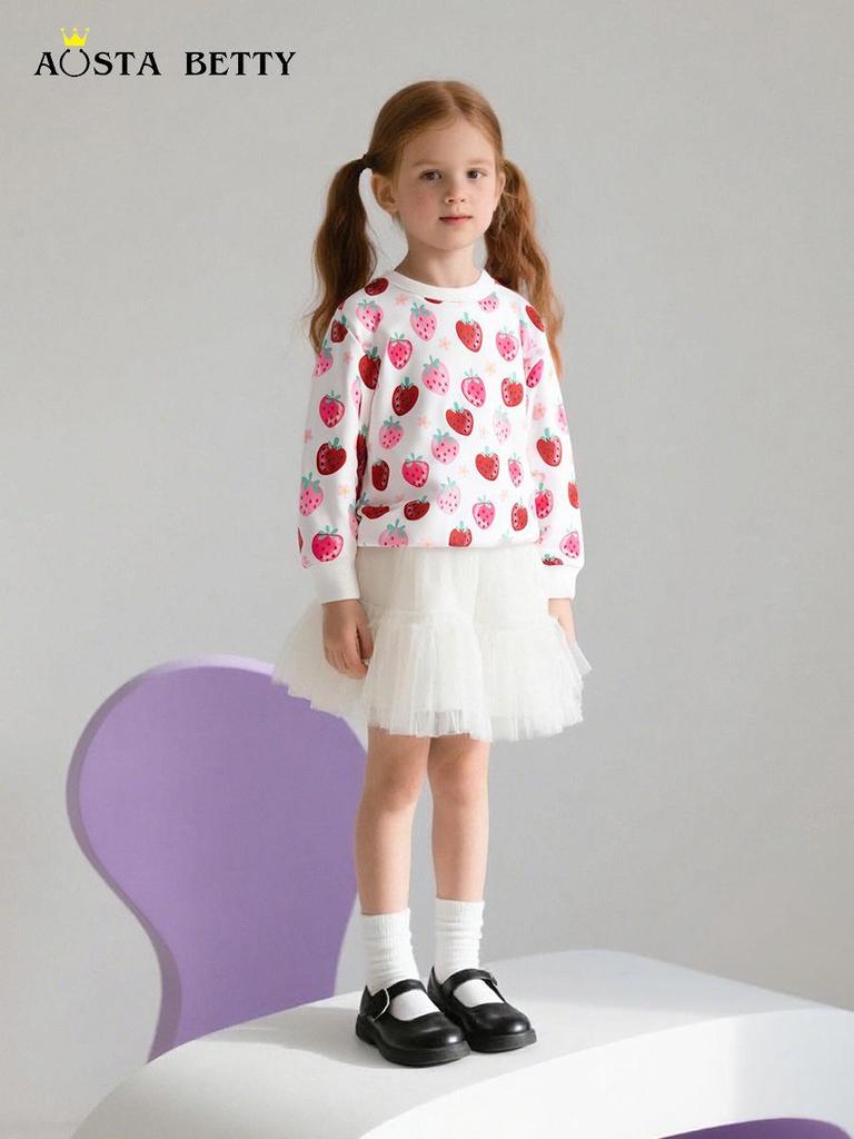 New Autumn Girls' Strawberry Pattern Hoodie, Round Neck Pullover, Kids' Cute Clothing