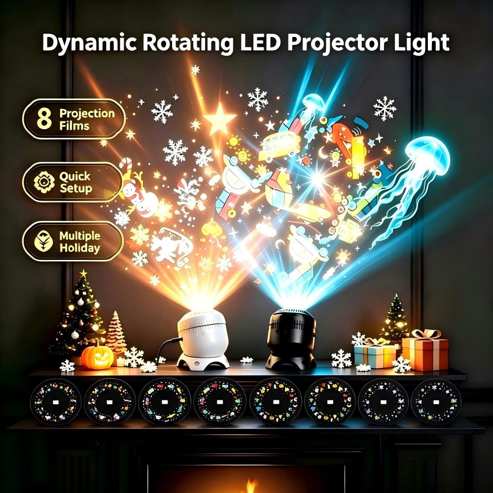 8 Patterns Christmas LED Projector Light Smart Dynamic Plug Play Rotatable USB Night Lamp for Bedroom Holiday Party Xmas Decor