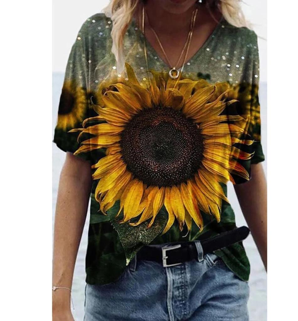 New 3D Printed Short Sleeved Women's Summer Casual Flower and Bird Print V-neck T-shirt