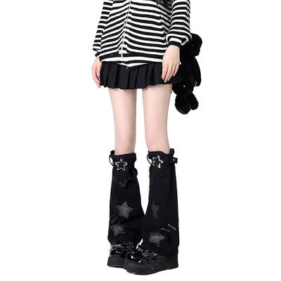 Leg Warmers Jeans Fofos para Meias Largas com Estrela Y2K Subcultura JK Harajuku Uniforme de Escola para Menina Pernas Frias Zíper 48cm [LAVASEON] Mulheres, Estampa,