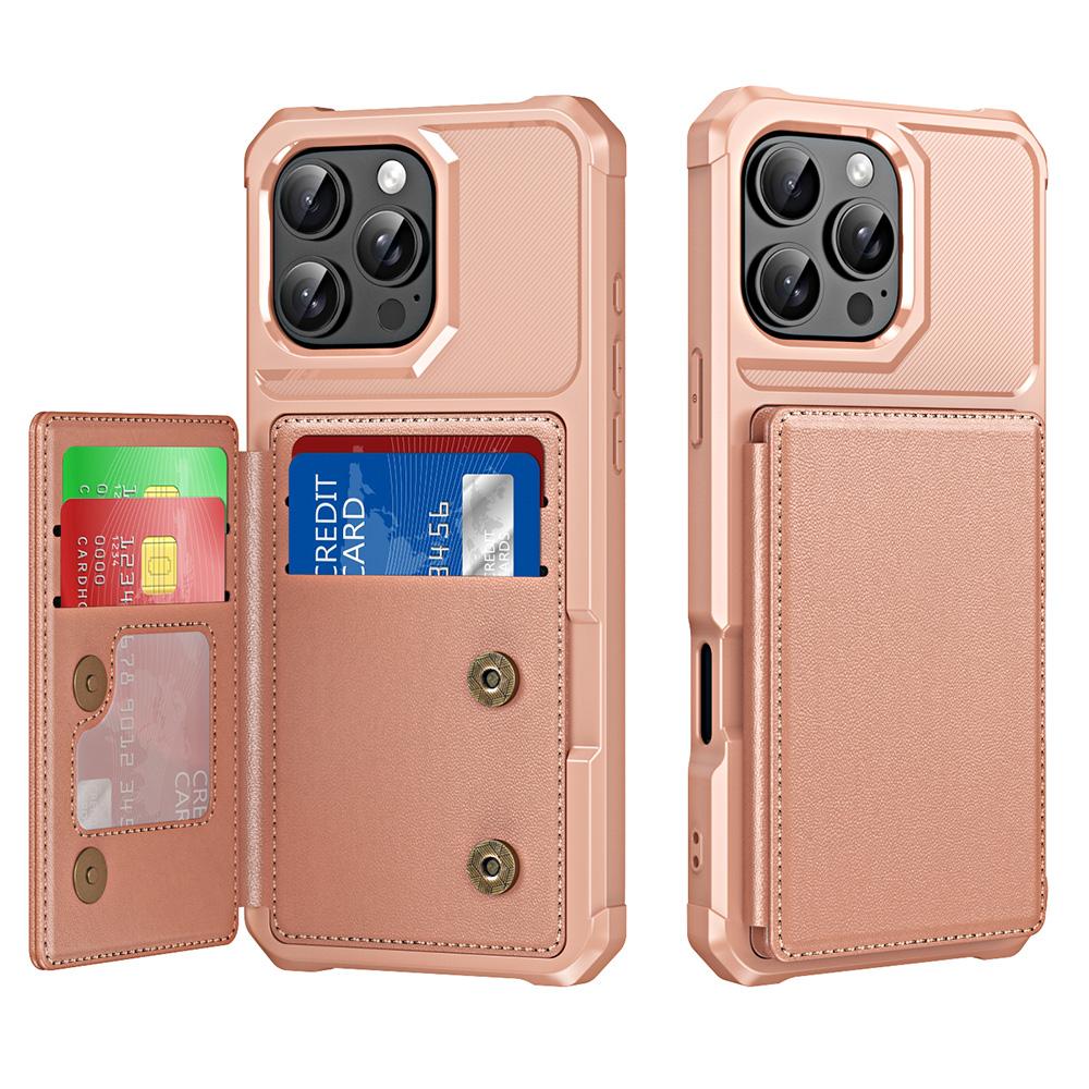 

For iPhone 16 Pro Case Card Slot Kickstand Leather+TPU Reinforced Corner Phone Cover Rose Gold