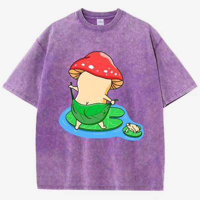 Bade-Pilz Cartoon Druck Damen Gewaschenes T-Shirt Baumwolle Übergroßes T-Shirt Lässiges Oberteil Sommer Weich Streetwear