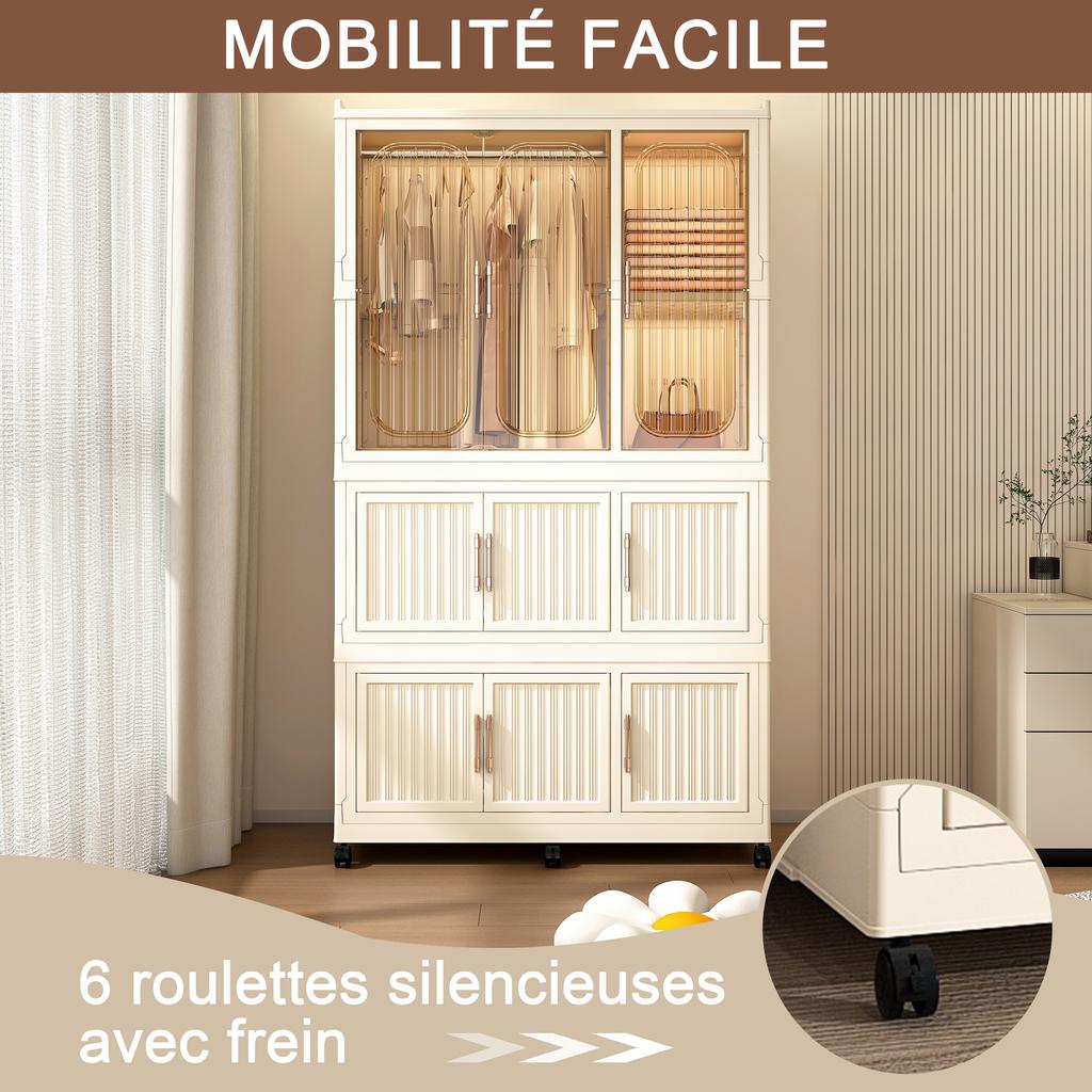 Foldable Plastic Wardrobe with 9 Magnetic Doors, 1 Clothes Rail, 6 Lockable Casters, 6 Coat Hangers, Storage for Bedroom, Children's Room