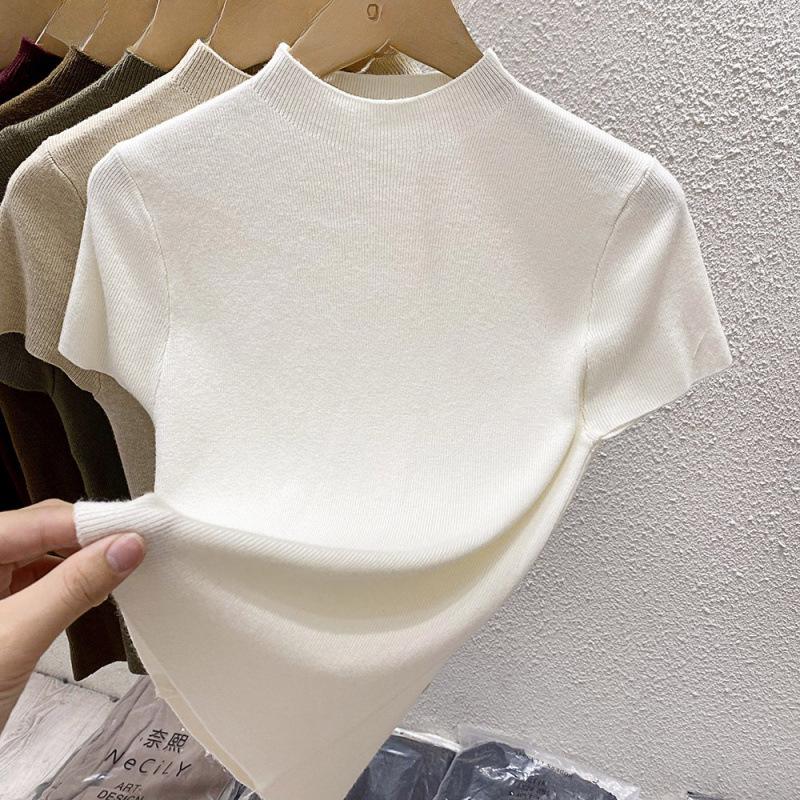 

2026 Women s Slim Fit Short Sleeve High Collar Knit Top One Size
