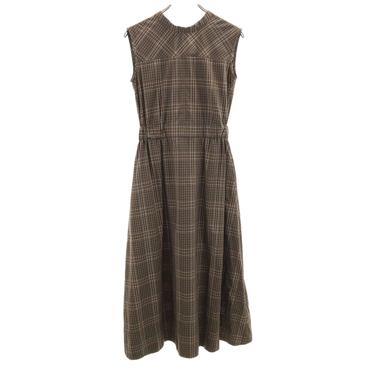 

SNIDEL Клетчатый Укороченный рукав Сборки на талии Платье-один предмет Коричневый Женский Б/У