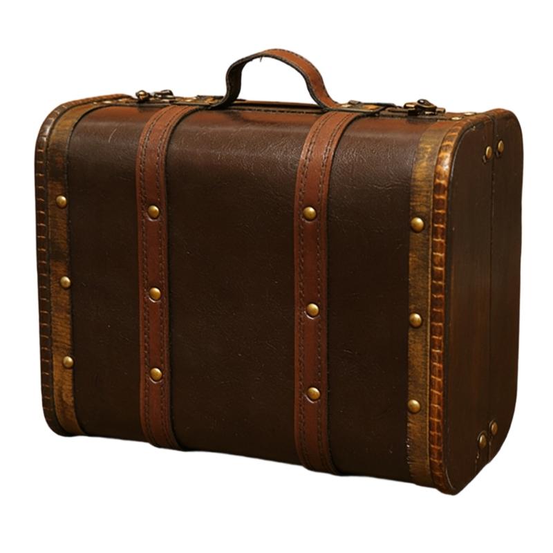 Wooden Trunk Faux Leather Handle Carrying Case Portable Storage Container For Jewelry Cosmetics And Collectibles