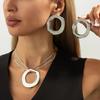 Salircon Exaggerated Geometric Circular Hollow Pendant Necklace Earring Set Women HipHop Flat Snake Metal Clavicle Chain Jewelry