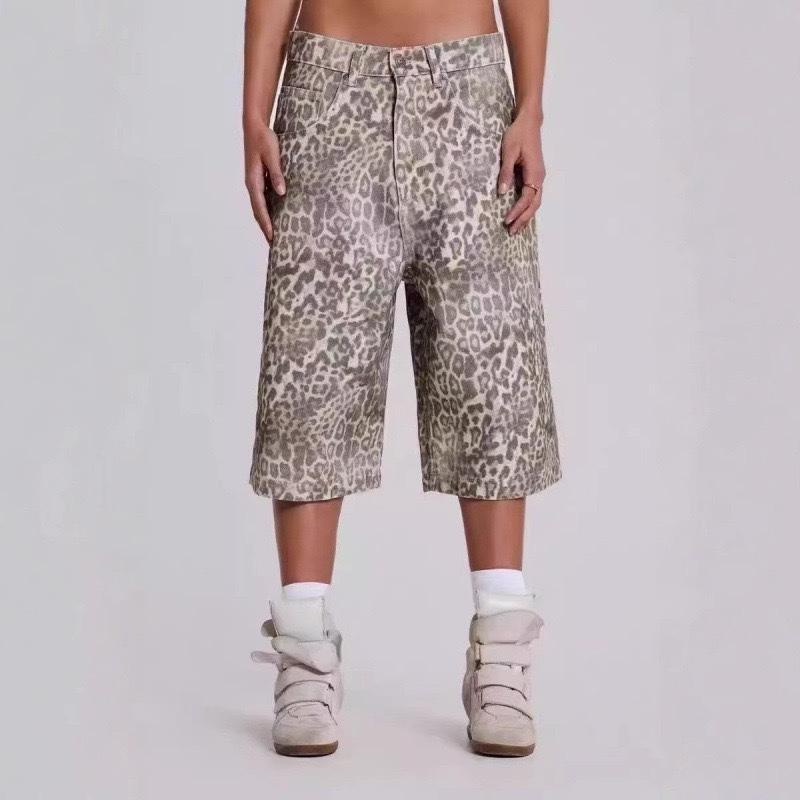 

Leopard Print Denim Shorts Wide Leg Baggy Fit Knee Length Streetwear Casual Premium Cotton Jeans S хаки
