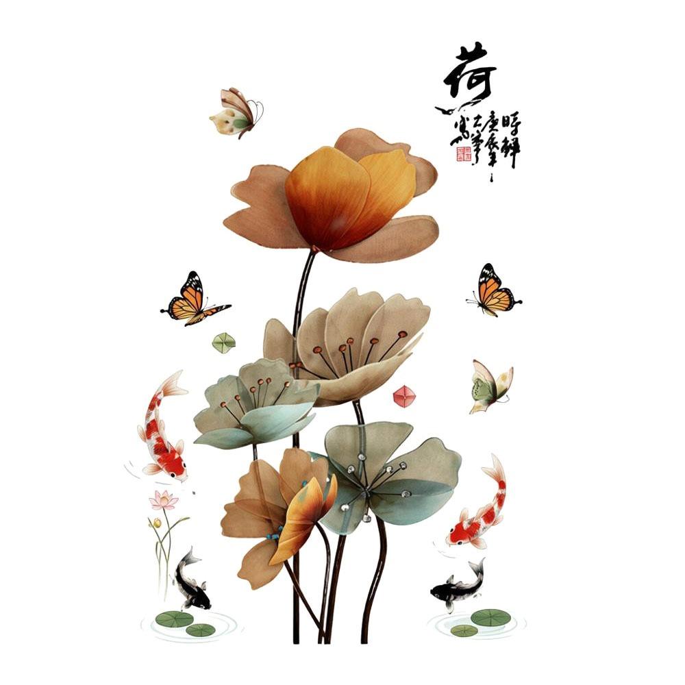 PVC Flower Koi Sticker 3D Effect Self-adhesive Glass Door Sticker Anti-static Chinese Style Lotus Wall Sticker Bedroom Decor