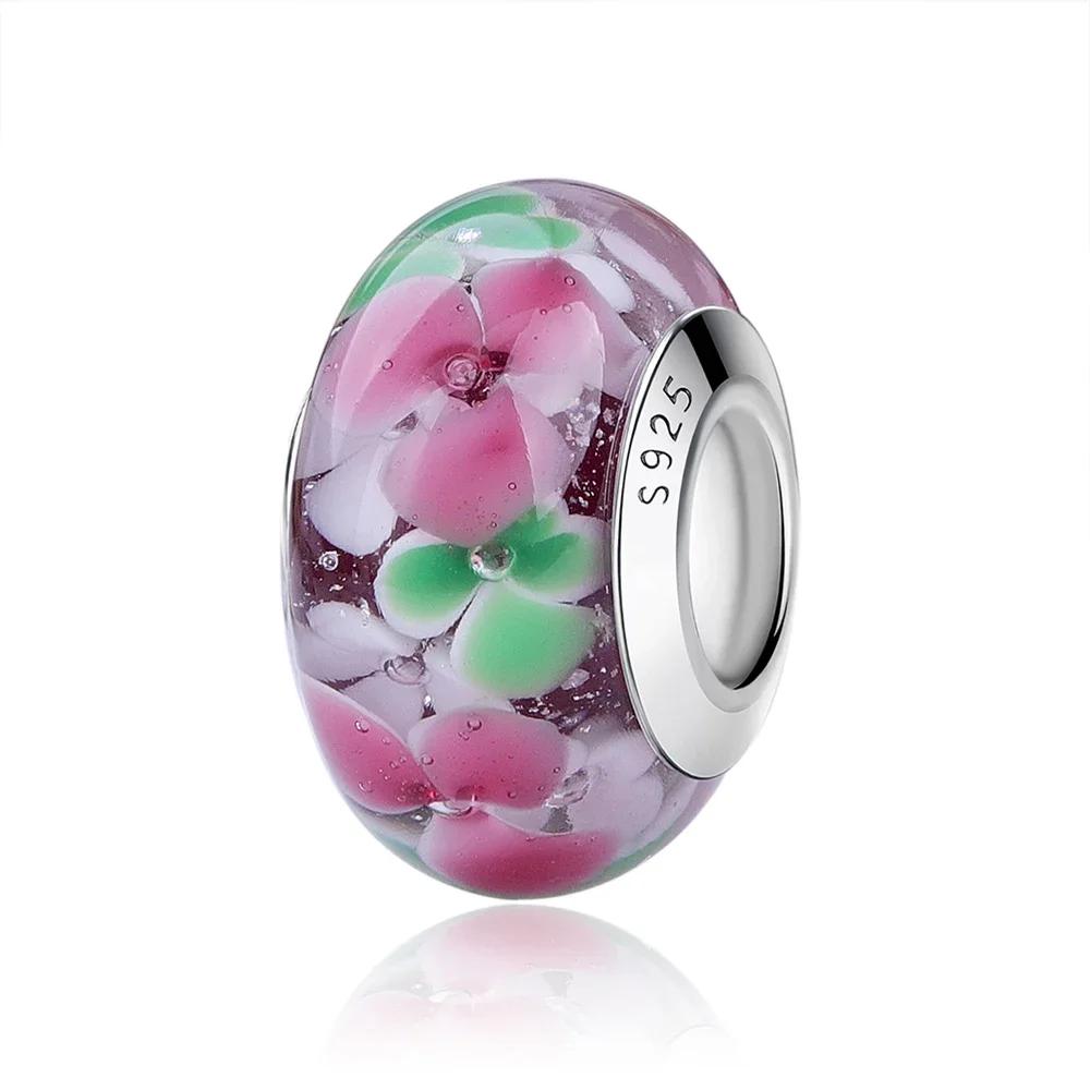 Copper Pink Flower Murano Glass Beads Charm Fit Original Bracelet Necklace Faceted Murano Diy Women Luxury Jewelry