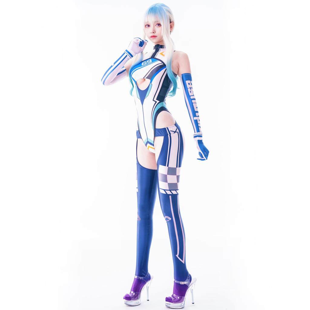 Sexy Shiny Race Queen Costume with Arm Covers and Simple Full Body Costume for Women and Cosplay Costume LOST-G Gloves, Adults, Swimsuit, (M, WHITE)