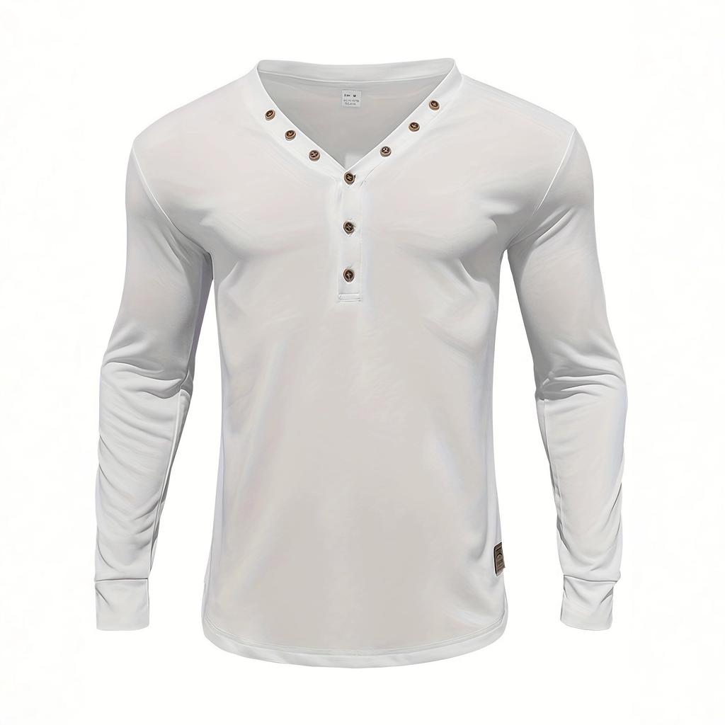 Top casual da uomo a maniche lunghe, tinta unita, vestibilità slim, con bottoni e scollo a V