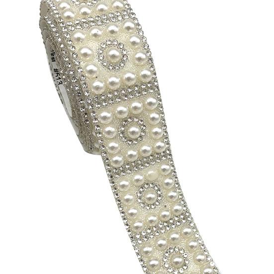 Faux Pearl Rhinestone Ribbon 1 Yard Self Adhesive Decorative Strip Elegant White Faux Pearl Accent Strip for Clothing Shoes Phone DIY Crafts