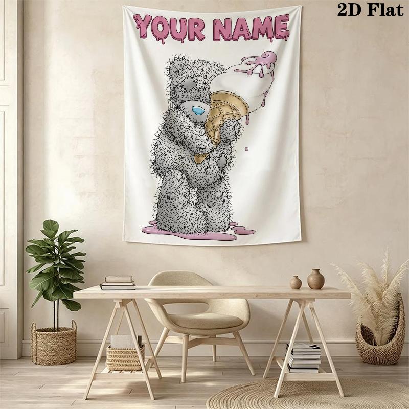 Custom Name Tatty Teddy Wall Tapestry Aesthetic Wall Hanging Printed Fabric Blanket Decorative Tapestries for Bedroom Living Room Home Decor