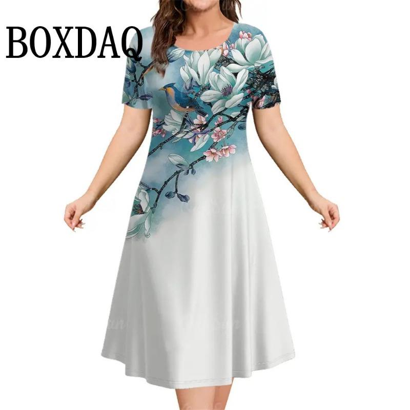 Modne Eleganckie Sukienki Damskie Luźna Sukienka Trapezowa Damska Sukienka z Krótkim Rękawem Kwiatowy Wzór Codzienna Damska Odzież Plus Size