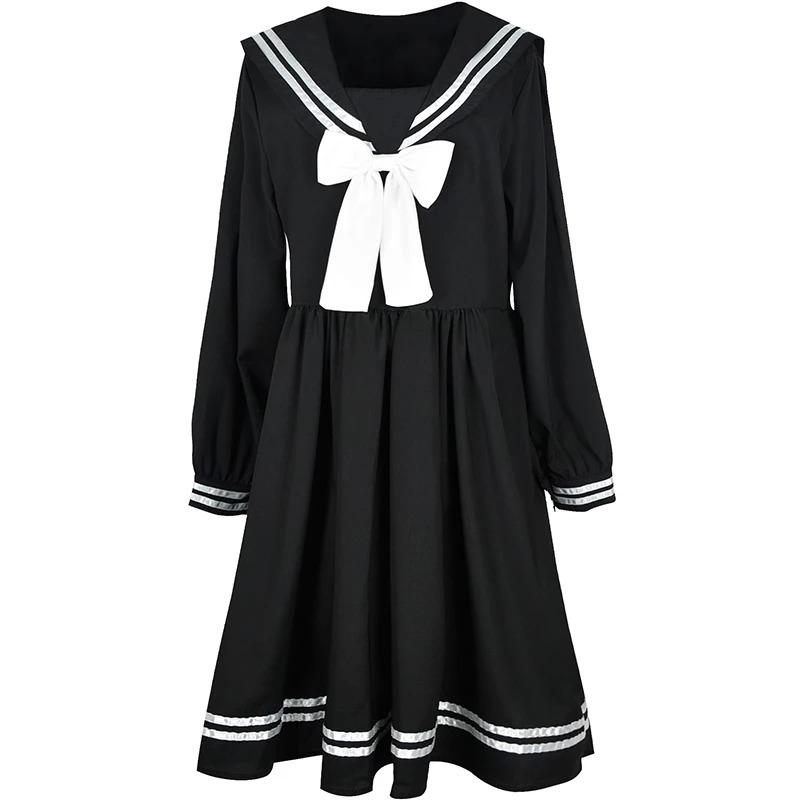 

Черное платье Лолиты, женское лоскутное свободное платье с бантом в японском консервативном стиле, матросский воротник, кавайное платье с длинными рукавами, наряд для девочки Jk S чёрный
