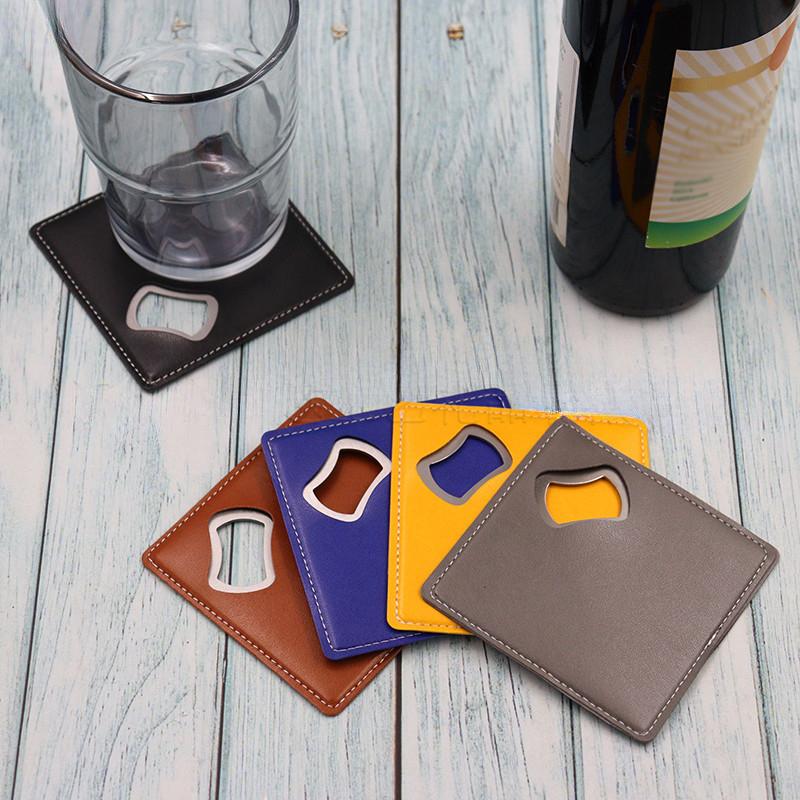 Personalized bottle opener coaster, engravable stainless steel beer screwdriver, square wine leather bottle opener