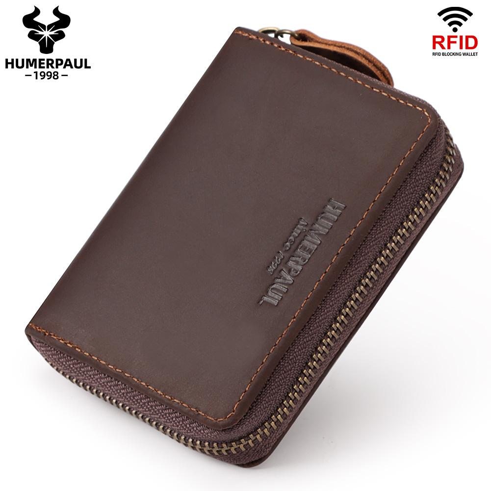 HUMERPAUL Men first layer cowhide wallet RFID ID bag short zipper coin purse thin mini classic wallet кофейный