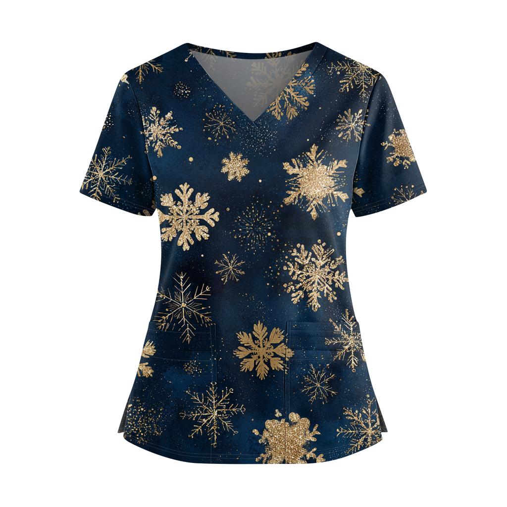 Women's Christmas Printed V-Neck Double Pocket Short Sleeves Hem Slit  Uniform Caregiver Top