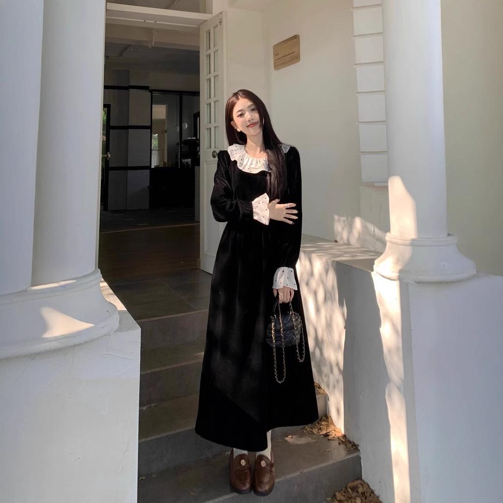 French Ruffled Collar Velvet Dress Women's Autumn and Winter Temperament High-waisted A-line Skirt Hepburn Style Waist Thin Long Dress