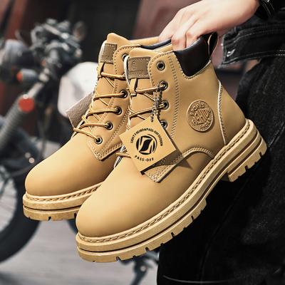 Classic Men Boots Men's High Top Leather Work & Safety Shoes Motorcycle Outdoor Breathable Ankle Labor Protection Yellow Boots