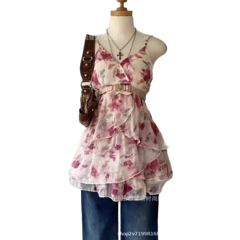 

Floral Print Women s Camisole with Bow & Ruffled Hem - Chiffon Crop Top for Jeans Small розовый