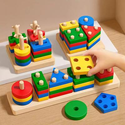 Montessori Toy Wooden Building Blocks Early Learning Educational Toys Color Shape Match Kids Puzzle Toys For Children Boys Girls