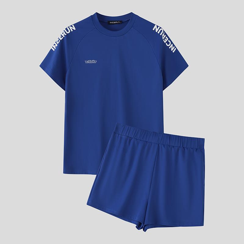 

INCERUN 2PCS Men Short Sleeve Shirts Short Pants Casual Fitted Sports Two Pieces Sets 5XL темно-синий