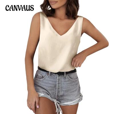Top senza maniche casual con scollo a V e scollo a V tinta unita estivo da donna