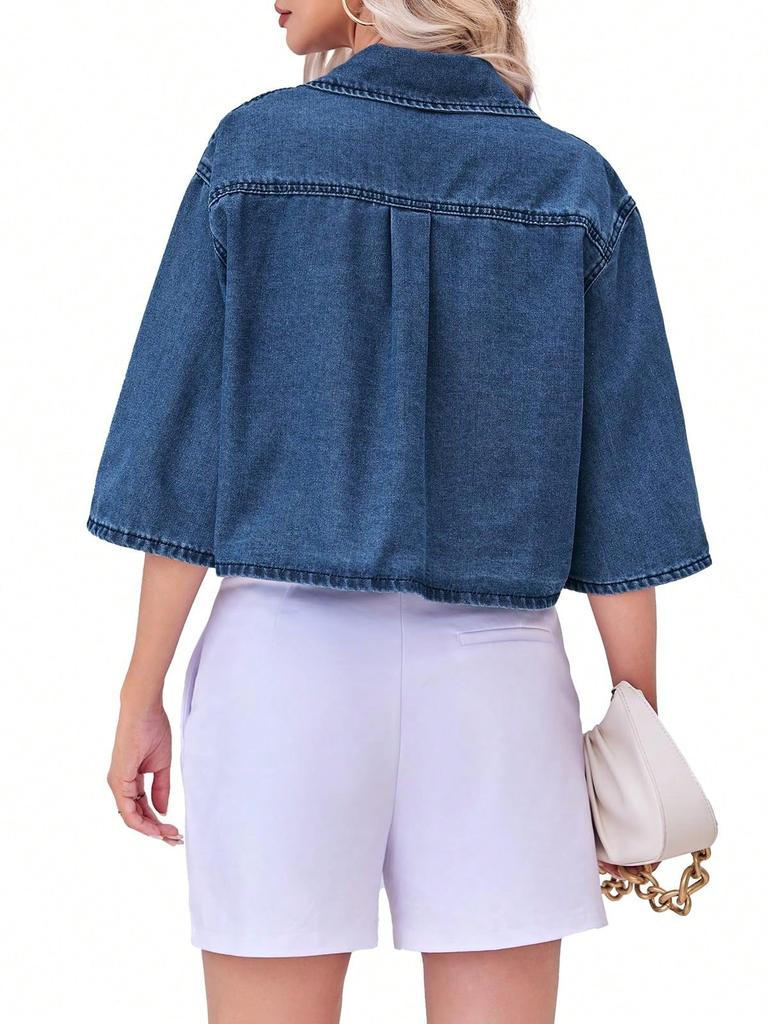 Womens Cropped Denim Shirt Jacket Half Sleeve Button Down Jean Jacket